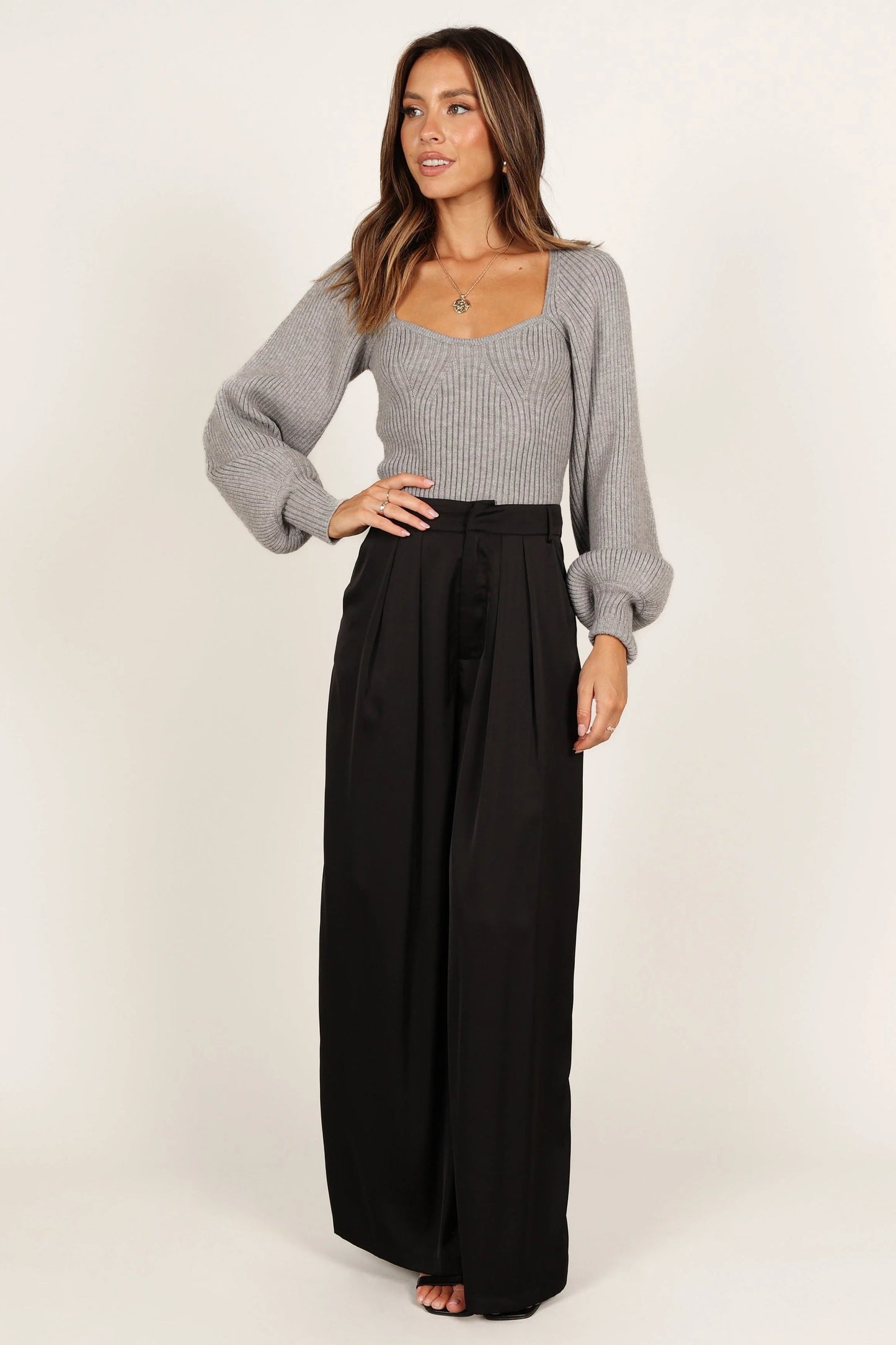 Gia Sweetheart Neck Bell Sleeve Knit Sweater - Light Grey